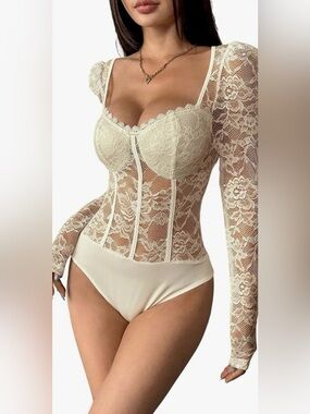 OYOANGLE Floral Lace Long Sleeve V Neck Corset Mesh Leotard Bodysuit Jumpsuit